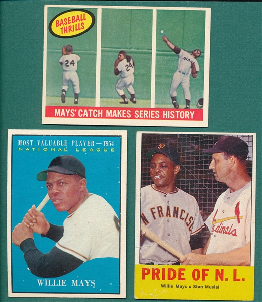 1959-63 Topps Lot of (3) Willie Mays W/ 1959 #464 Baseball Thrills