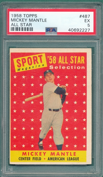 1958 Topps #487 Mickey Mantle, All Star, PSA 5