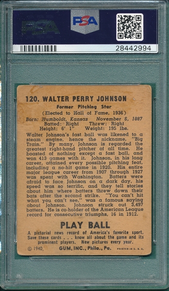 1940 Play Ball #120 Walter Johnson PSA 2