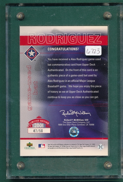 2001 UDA Limited Edition Jumbo Alex Rodriguez, Autographed/Game Used Bat Card (47/50)