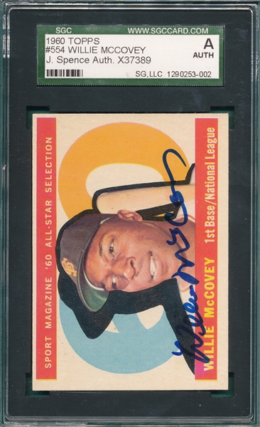 1960 Topps #554 Willie McCovey, AS, Autographed, SGC Authentic, *Rookie*