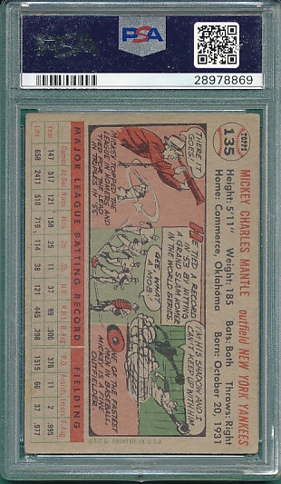 1956 Topps #135 Mickey Mantle PSA 3.5 *Gray*