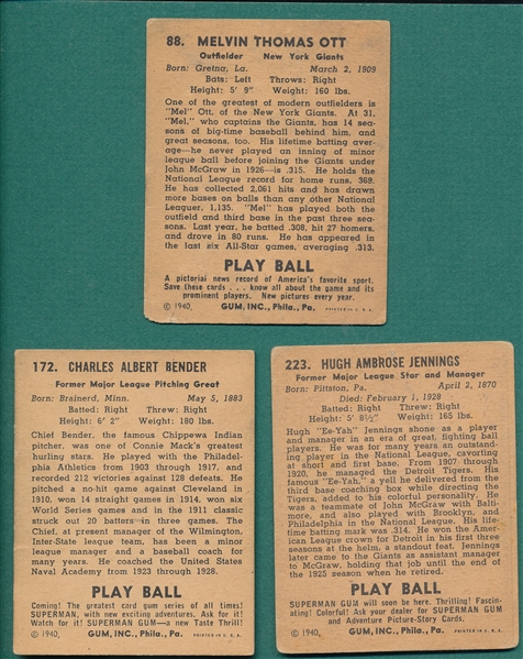 1940 Play Ball Jennings, Bender & Ott, Lot of (3) HOFers
