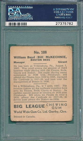 1936 WWG #108 Bill McKenchie PSA 2