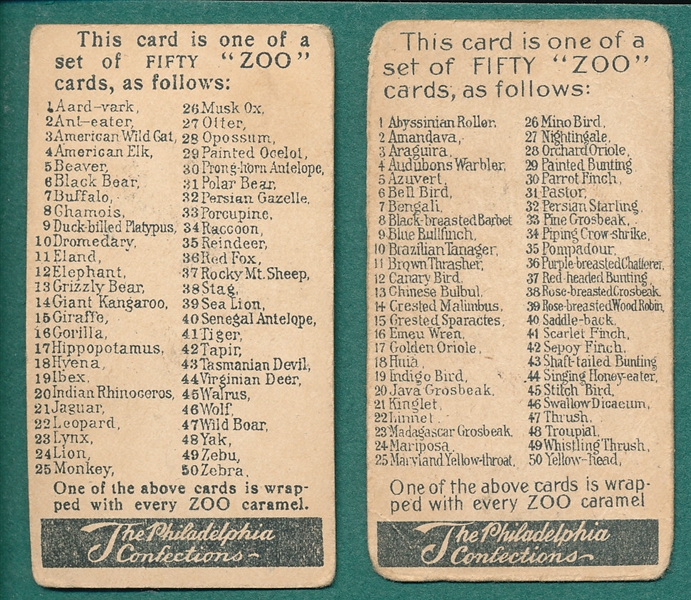 1909 E28 & E30 Zoo Birds & Animals, Philadelphia Caramels, Lot of (83)