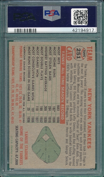 1956 Topps #251 Yankees PSA 6