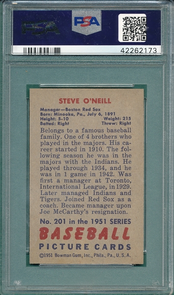 1951 Bowman #201 Steve O'Neil PSA 8.5