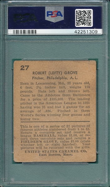 1932 U. S. Caramel #27 Lefty Grove PSA 3