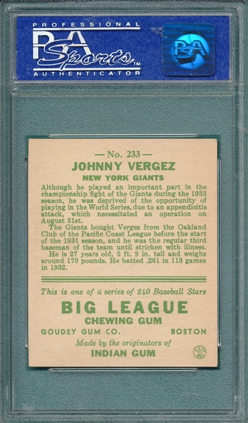 1933 Goudey #233 Johnny Vergez PSA 7