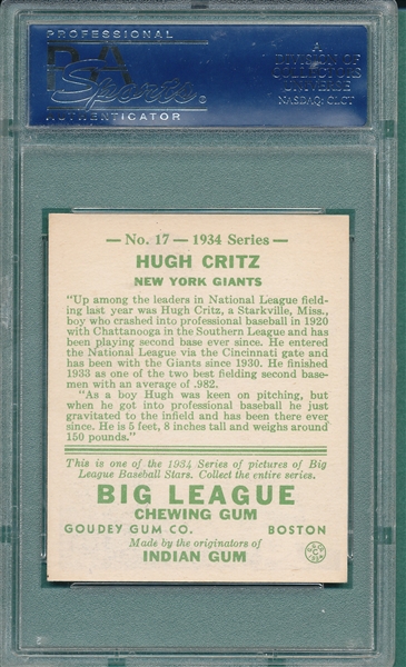 1934 Goudey #17 Hugh Critz PSA 7