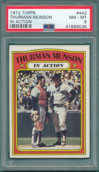 1972 Topps #442 Thurman Munson, In Action, PSA 8