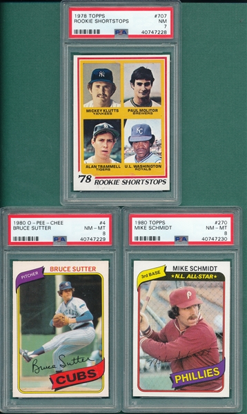 1978-80 Topps/OPC Lot of (3) W/ Sutter, Schmidt & Trammell/Molitor, Rookie PSA