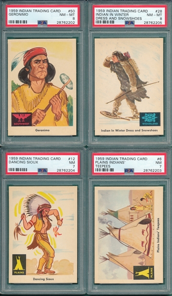 1959 Fleer Indian Trading Card Lot of (4) W/ #50 Geronimo PSA 8
