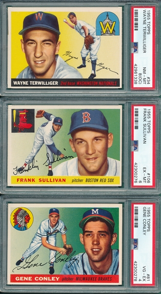 1955 Topps #34, #81 and #106, Lot of (3) PSA