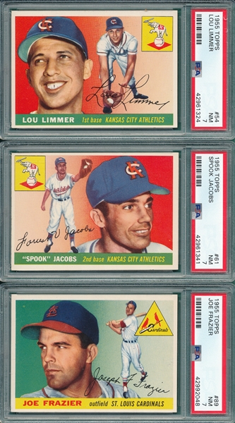 1955 Topps #054 Limmer, #61 Jacobs & #89 Frazier, Lot of (3) PSA 7