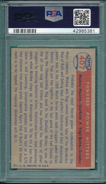 1957 Topps #407 Yankees Power Hitters W/ Berra & Mantle, PSA 3.5