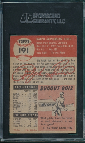 1953 Topps #191 Ralph Kiner SGC 60
