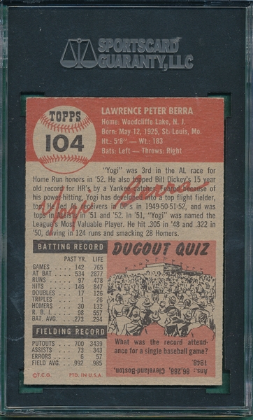 1953 Topps #104 Yogi Berra SGC 70