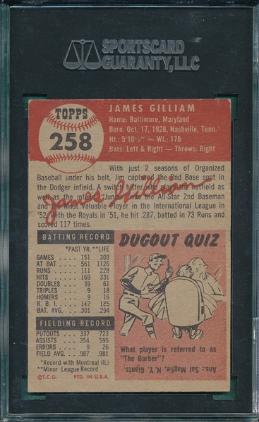1953 Topps #258 Jim Gilliam SGC 70 *High #* *SP* *Rookie*
