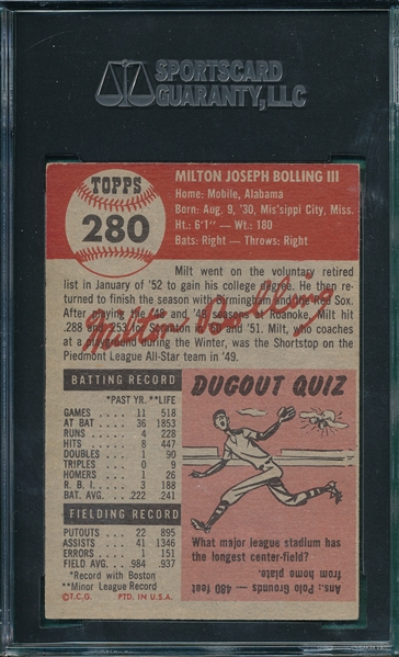 1953 Topps #280 Milt Bolling SGC 55 *High #* *SP*