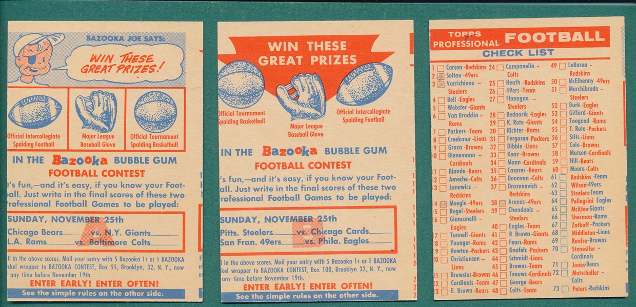 1956 Topps FB Checklist & (2) Contest Cards, Lot of (3)