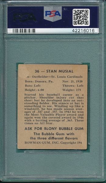 1948 Bowman #36 Stan Musial PSA 2 *Rookie*