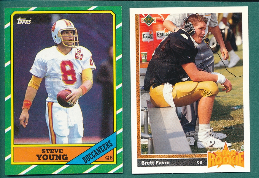 1986 Topps FB #374 Steve Young (10) & 1990 UD #13 Favre, Rookie, (2), Lot of (12)