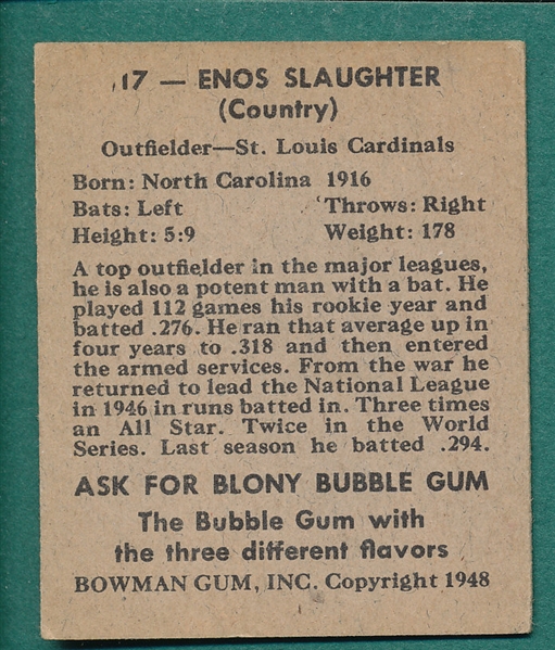 1948 Bowman #17 Enos Slaughter *Rookie*