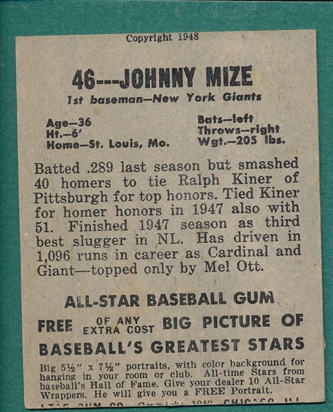 1948 Leaf #46 Johnny Mize