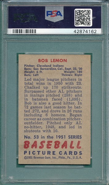 1951 Bowman #53 Bob Lemon PSA 7