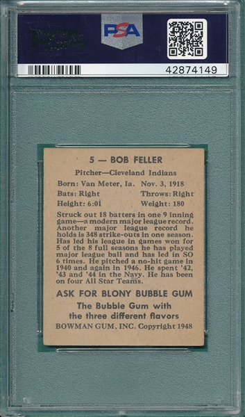 1948 Bowman #5 Bob Feller PSA 7 