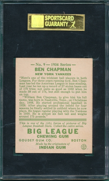 1934 Goudey #9 Ben Chapman SGC 88