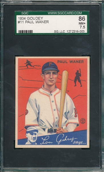 1934 Goudey #11 Paul Waner SGC 86 *Great Color*