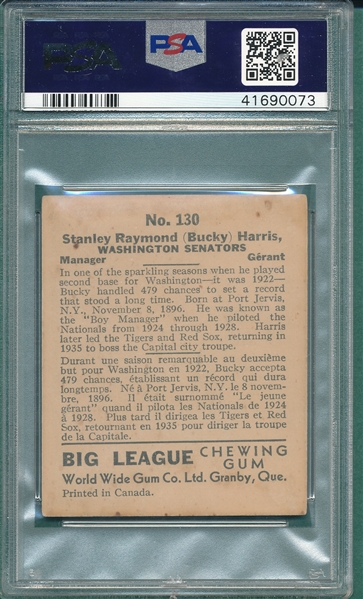 1936 V355 World Wide Gum #130 Bucky Harris PSA 5