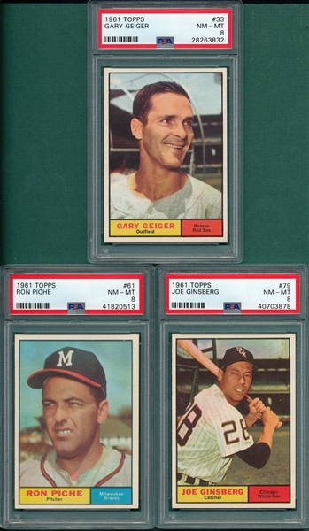 1961 Topps #Geiger, #61 Piche & #79 Ginsberg, Lot of (3), PSA 8