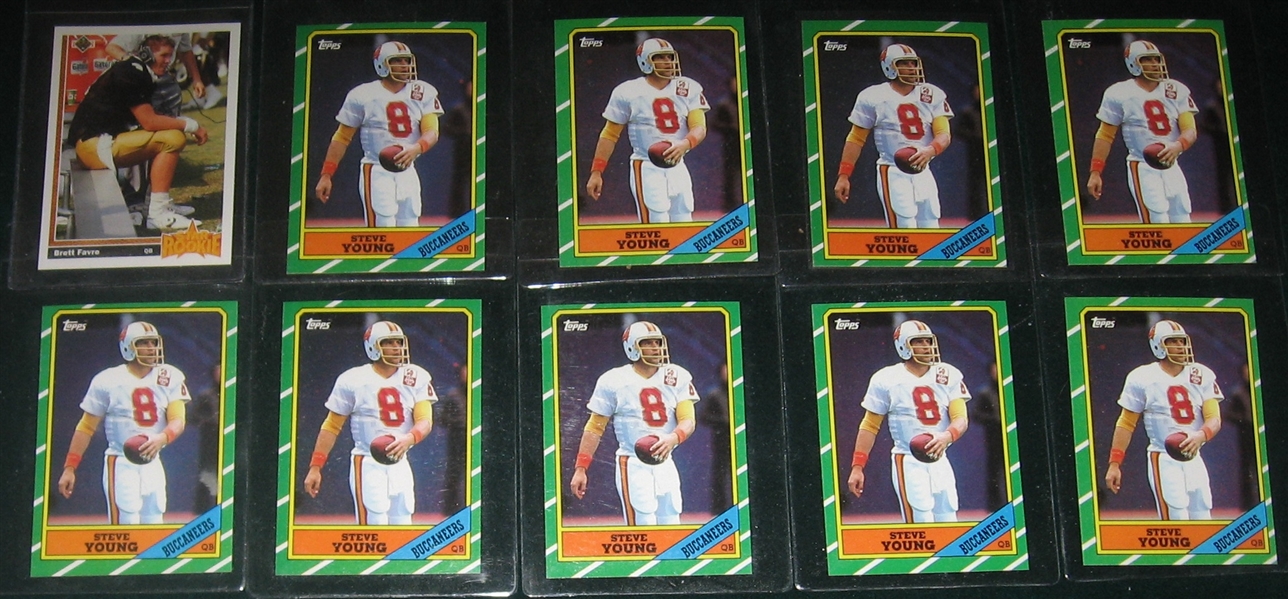 1986 Topps FB #374 Steve Young (10) & 1990 UD #13 Favre, Rookie, (2), Lot of (12)