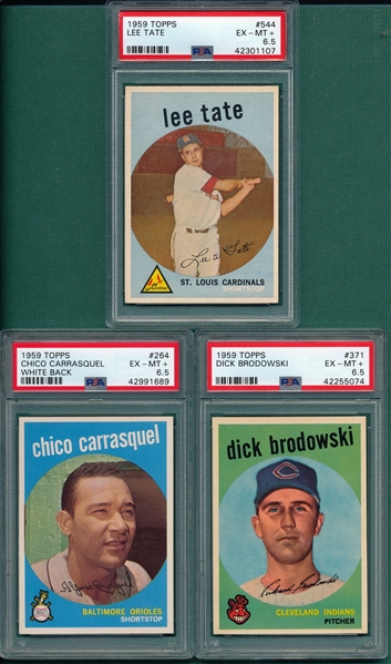 1959 Topps #264 Carrasquel, #371 Brodowski & #544 Tate, Hi #, Lot of (3), PSA 6.5