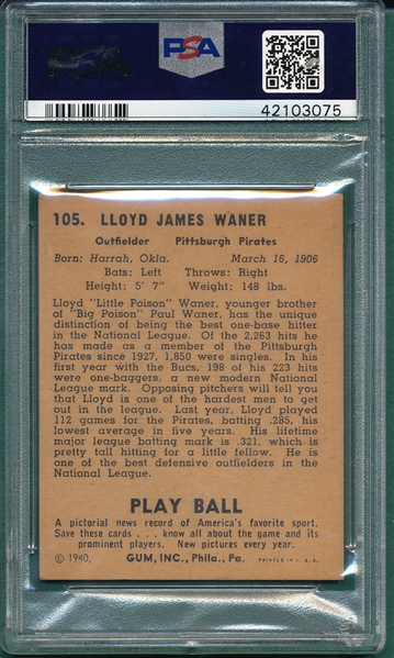 1940 Play Ball #105 Lloyd Waner PSA 3