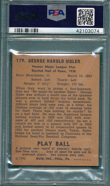 1940 Play Ball #179 George Sisler PSA 4