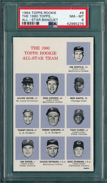 1964 Topps Rookie All-Star Banquet #9 1960 Rookies W/ Santo, PSA 8