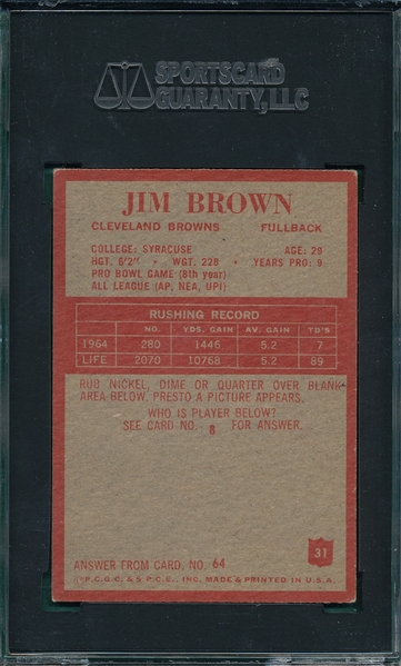 1965 Philadelphia FB #31 Jimmy Brown SGC 60