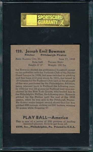 1939 Play Ball #128 Joe Bowman SGC 86 *Hi #*