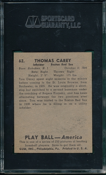 1939 Play Ball #62 Tom Carey SGC 88