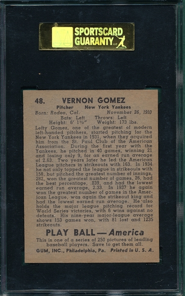 1939 Play Ball #48 Vernon Lefty Gomez SGC 84