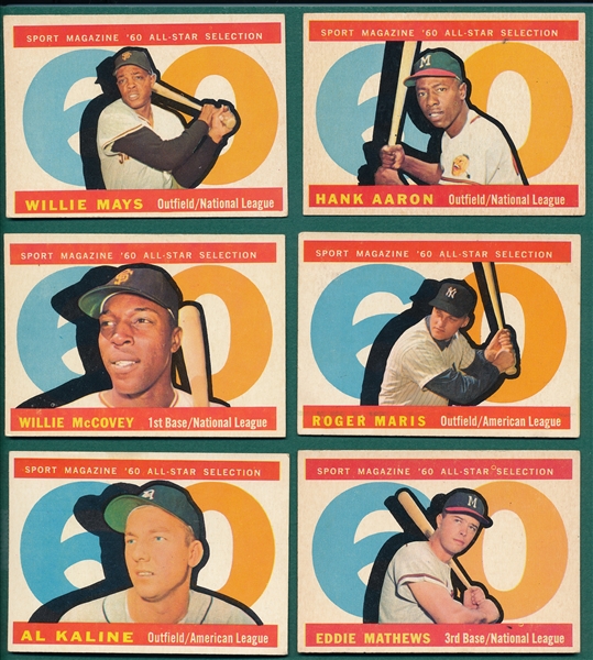 1960 Topps Lot of (6) High Number All Star Cards W/ Mays and Aaron