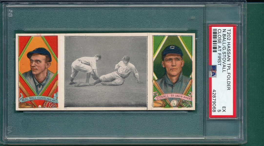 1912 T202 Close At First, Ball/Stovall, Hassan Cigarettes, PSA 5