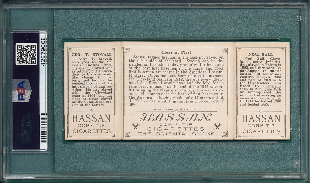 1912 T202 Close At First, Ball/Stovall, Hassan Cigarettes, PSA 5