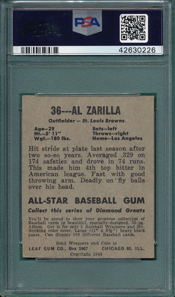 1948 Leaf #36 Al Zarilla PSA 6 (MC) *SP*