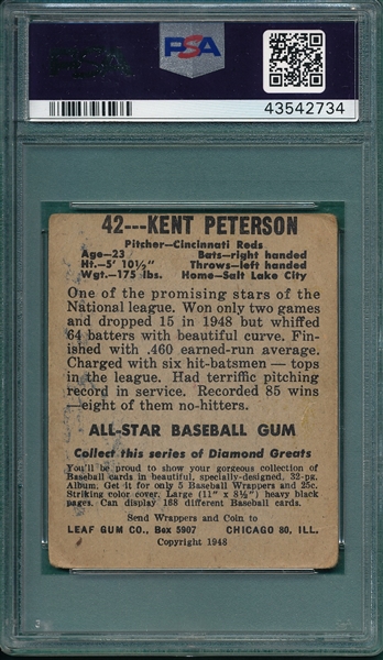 1948 Leaf #42 Kent Peterson PSA 1.5 *Red Cap*