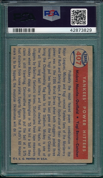 1957 Topps #407 Yankee Power Hitters W/ Berra & Mickey Mantle PSA 4